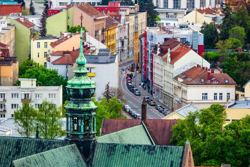 A view across the rooftops and church spires of Brno