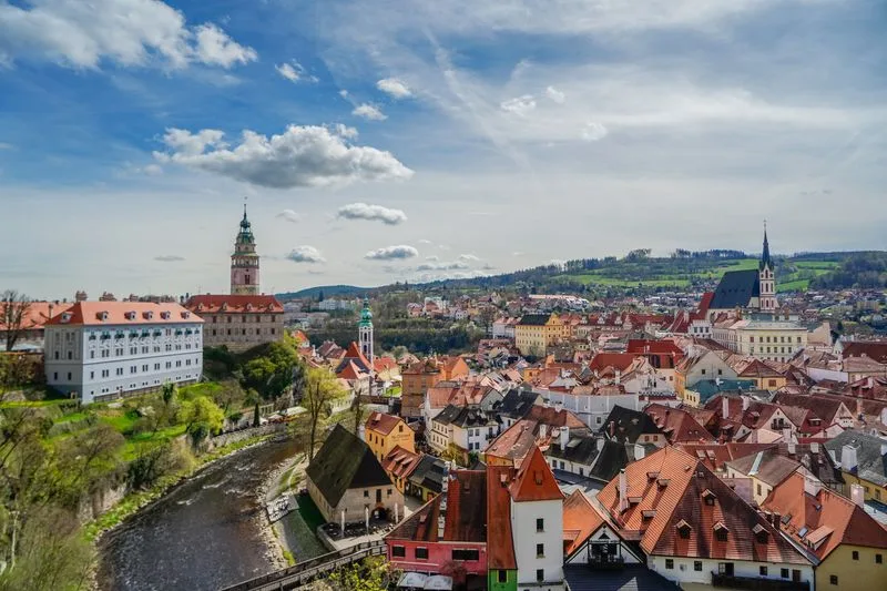 Český Krumlov and its castle above a bend in the Vltava