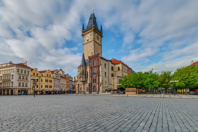 The Old Town Square and its town hall tower, Prague, early in the day