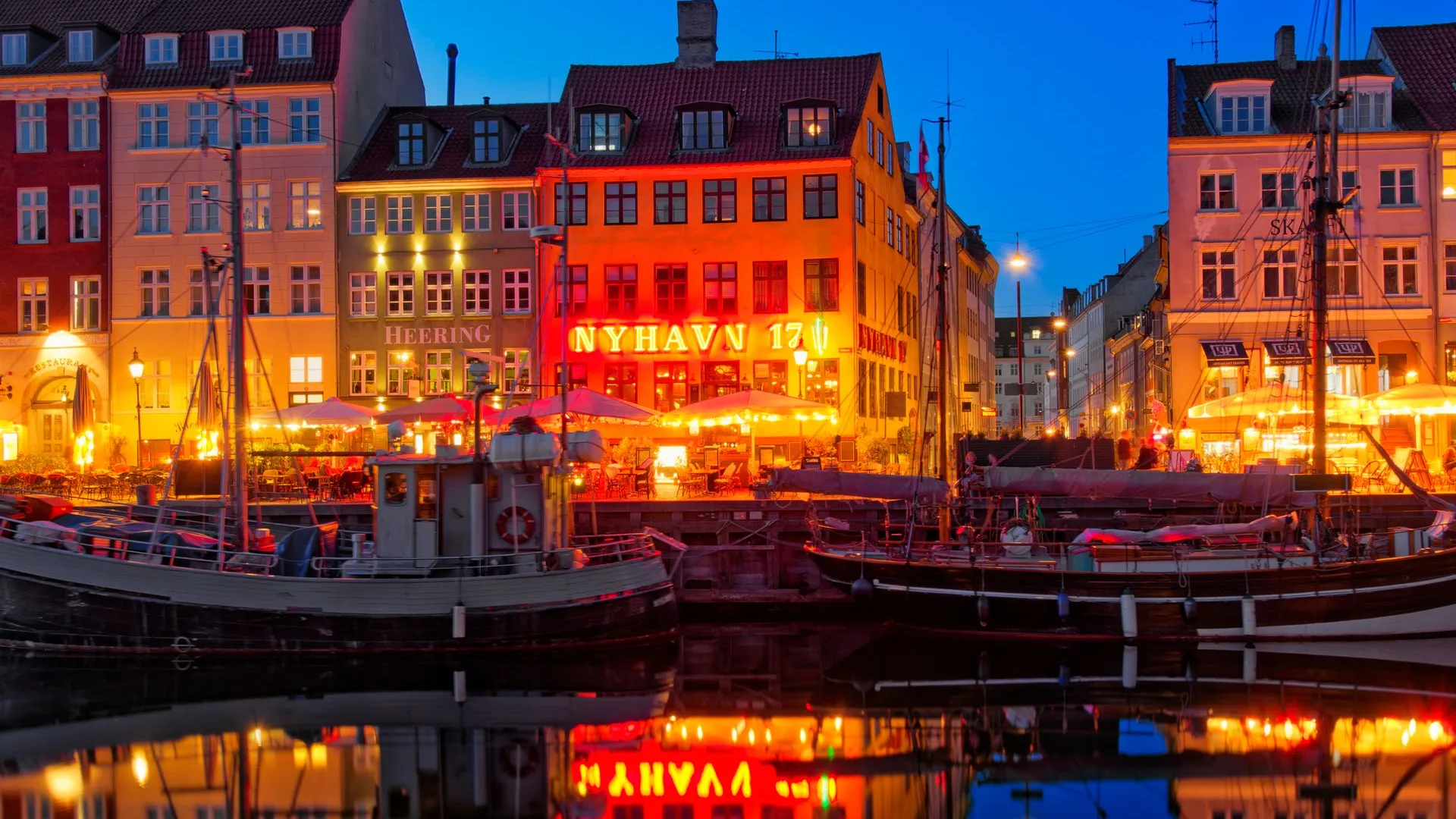 Nyhavn in Copenhagen lit up at night