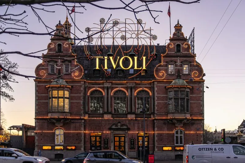 The illuminated entrance to Tivoli Gardens in Copenhagen