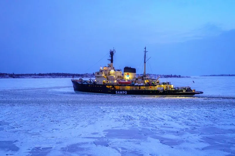 An icebreaker ship in the frozen Gulf of Bothnia at Kemi