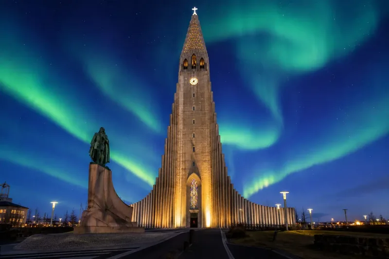 Hallgrímskirkja church under the Northern Lights, Reykjavík
