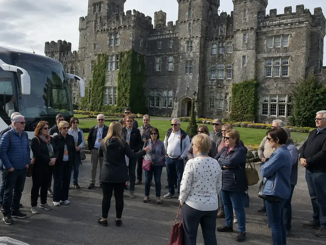 A guided coach group outside an Irish castle hotel on an HCG programme