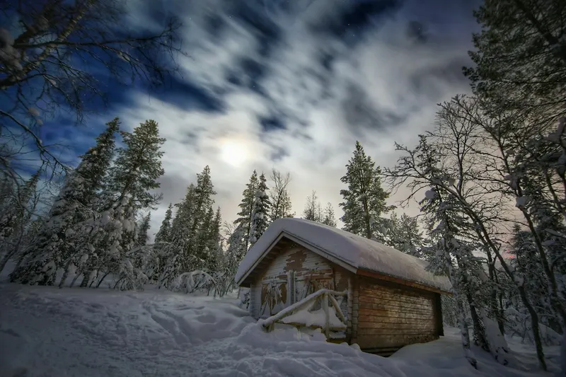 A wooden cabin in a snowy pine forest at Inari