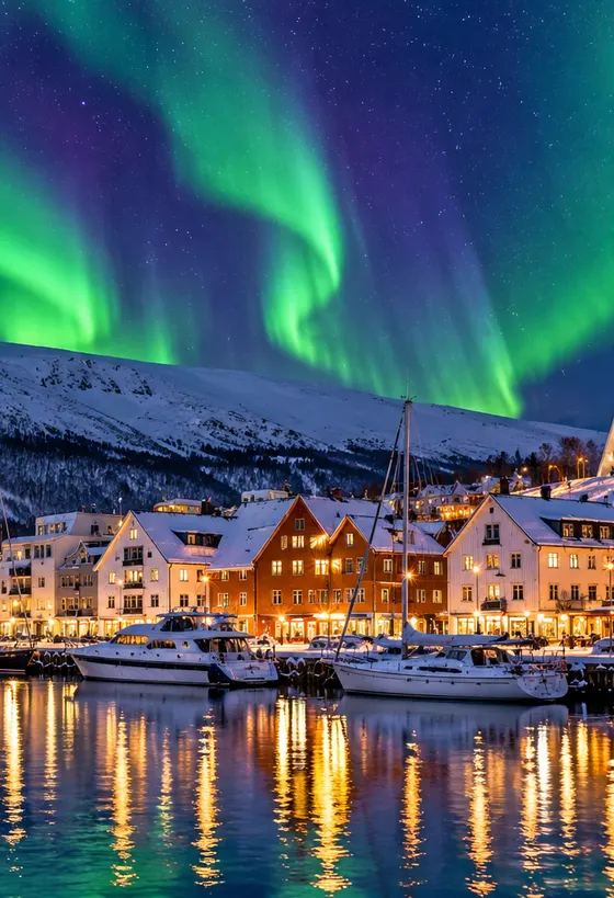 The northern lights over Tromsø harbour in winter