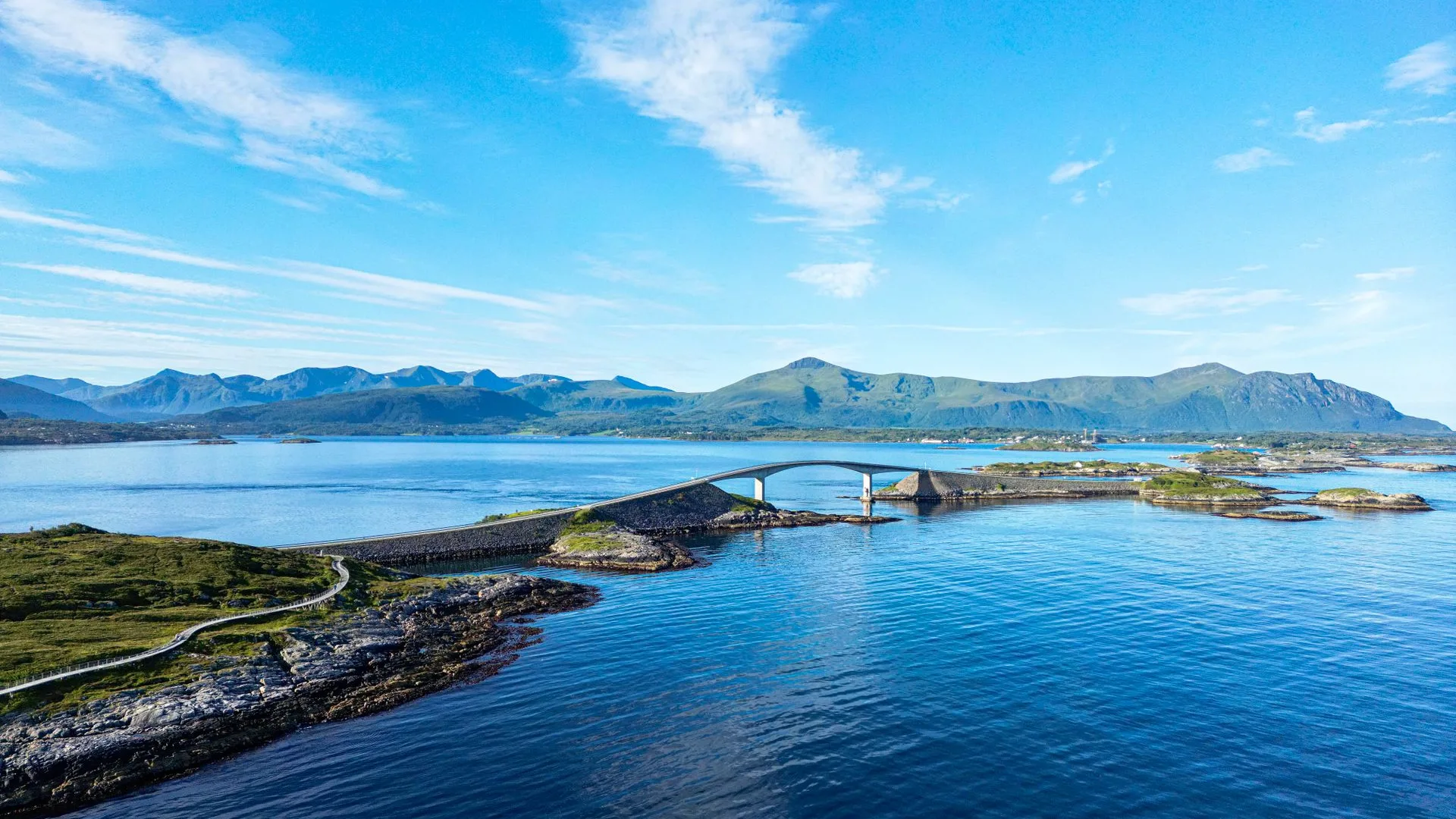 A road bridge curving over open sea on Norway's west coast