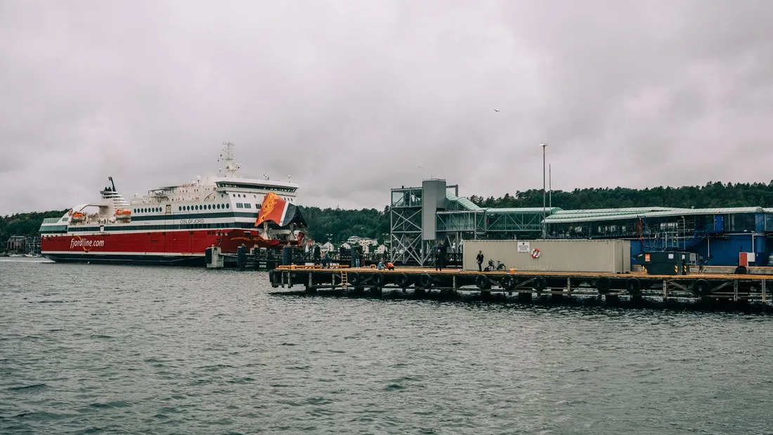 A Norwegian ferry alongside its terminal quay