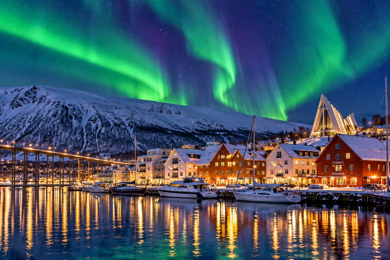 Tromso under the northern lights in winter