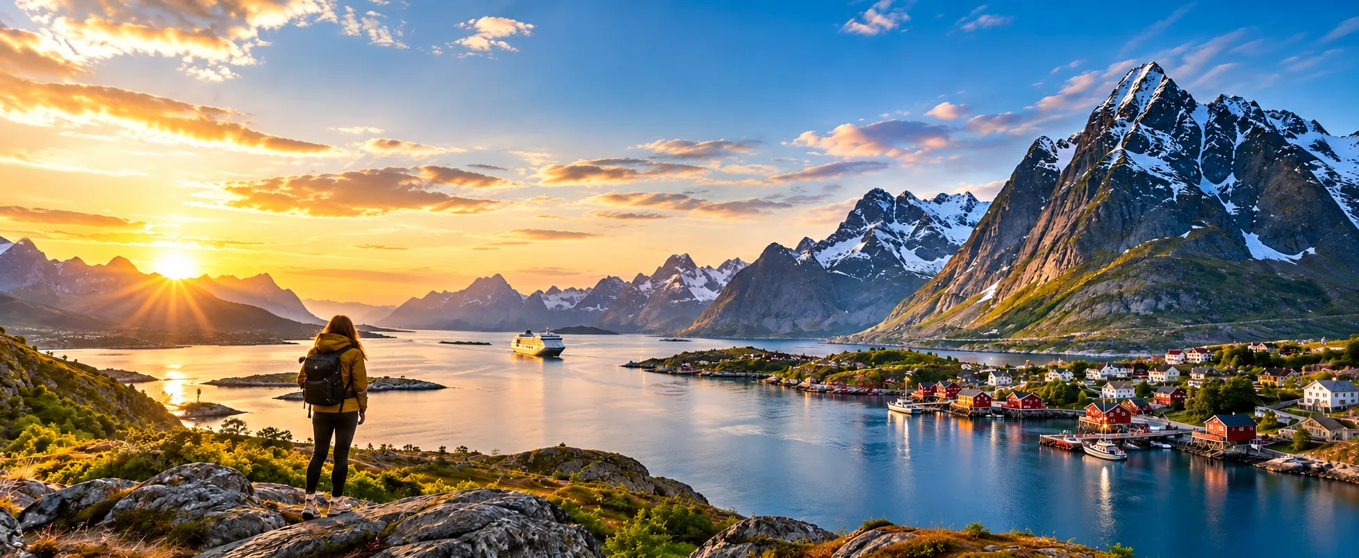 A traveller watching the sun set over a Lofoten fjord, with a cruise ship on the water and red fishermen’s cabins below the mountains