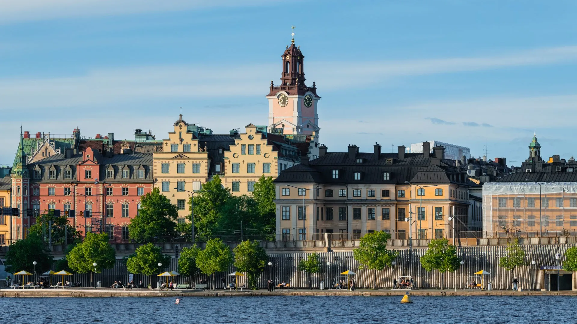 Gamla stan's waterfront and the Storkyrkan tower in Stockholm