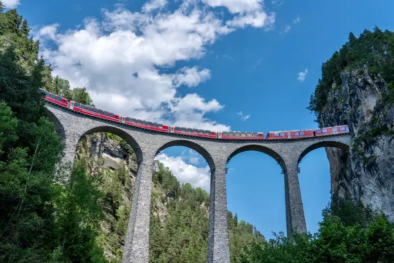 Panoramic Swiss railway crossing the Landwasser Viaduct